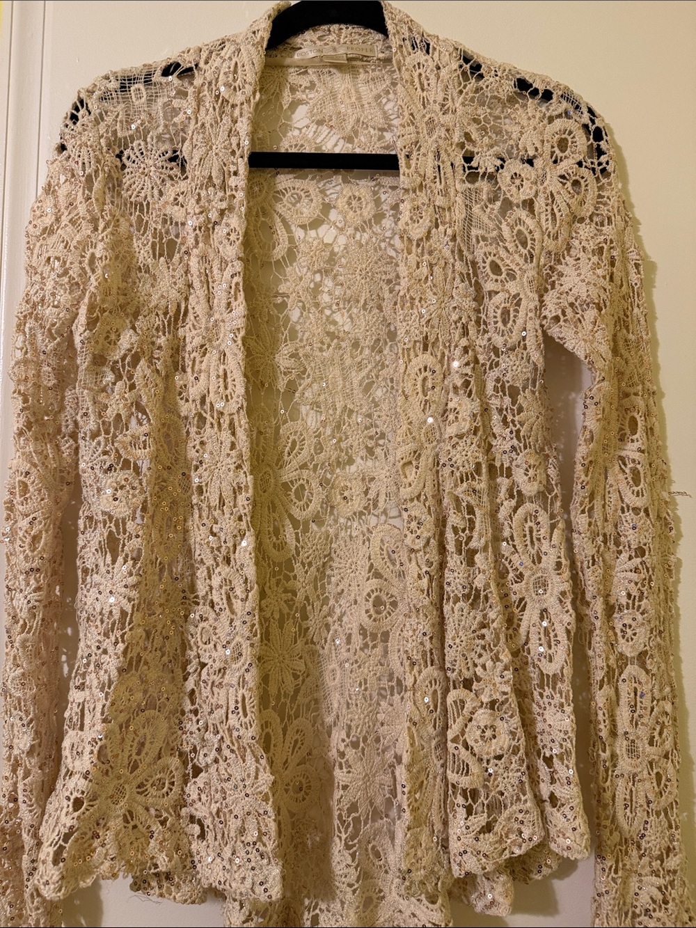 Boston Proper Cream Crochet Lace Cardigan with Sequins